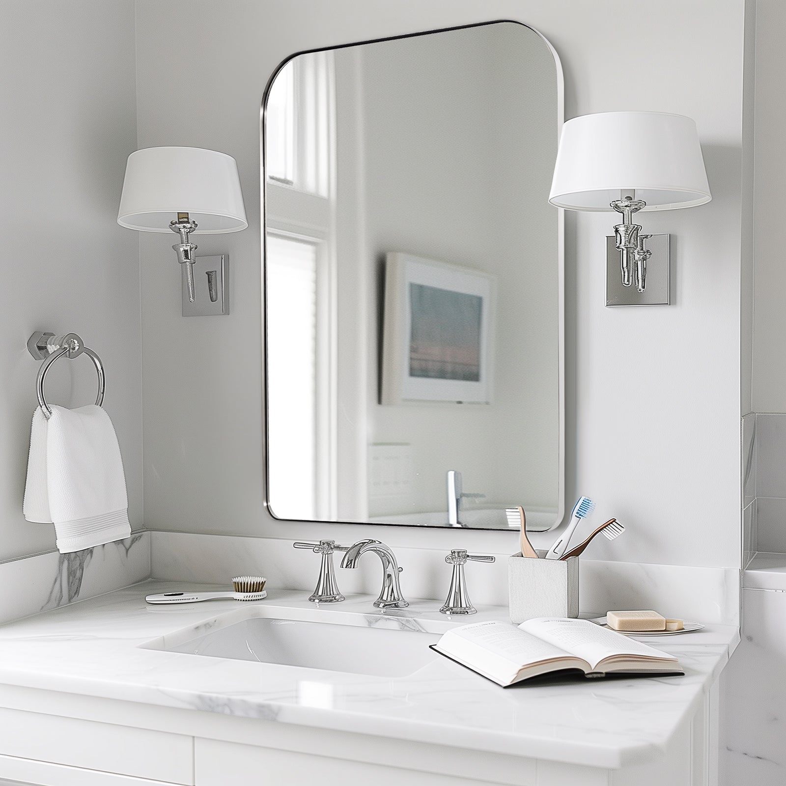 Modern Mantel Wide Arch Rectangle Bathroom Vanity  Mirror | Stainless Steel Frame
