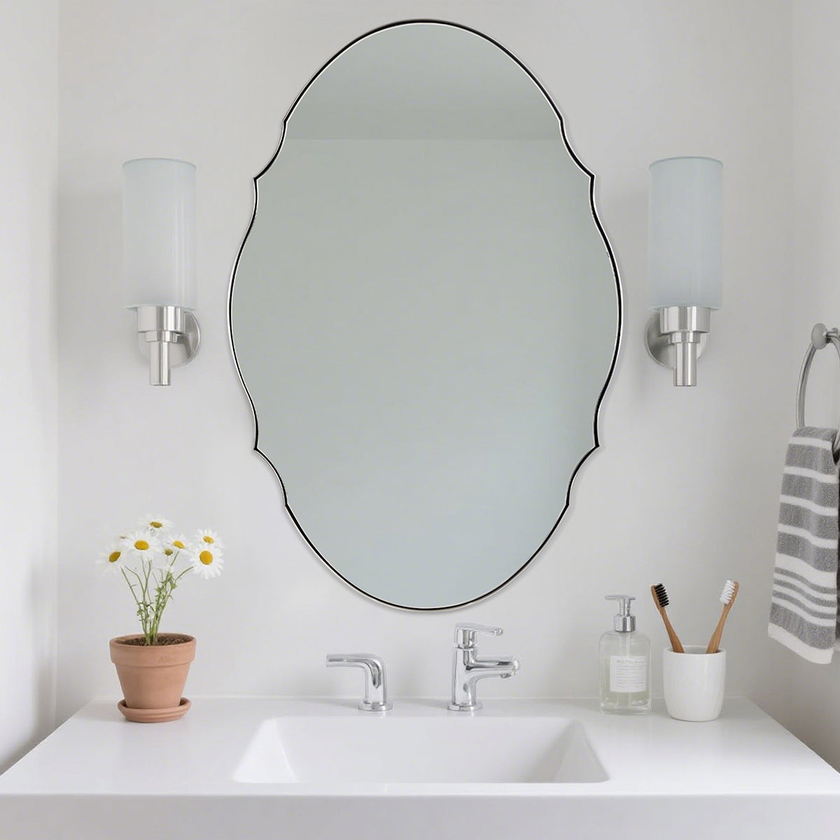 Contemporary Oval Scalloped Wall Mirror Irregular Bathroom Vanity Mirror| Stainless Steel Frame