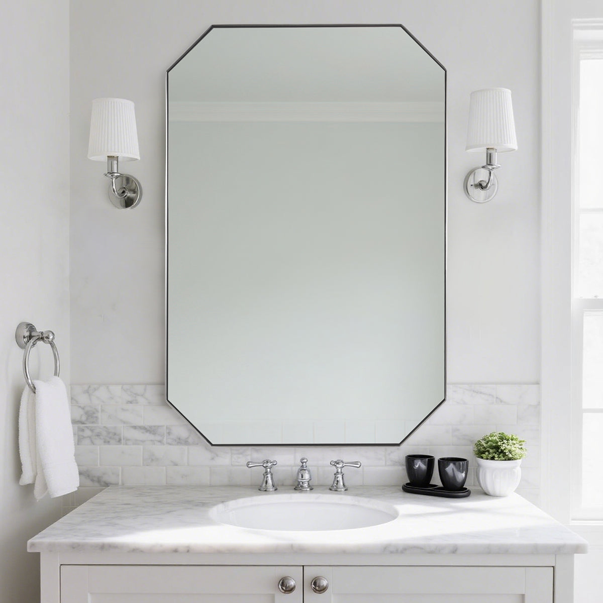 Contemporary Cut Corner Octagonal Scalloped Rectangle Mirror for Bathroom  |Stainless Steel Frame