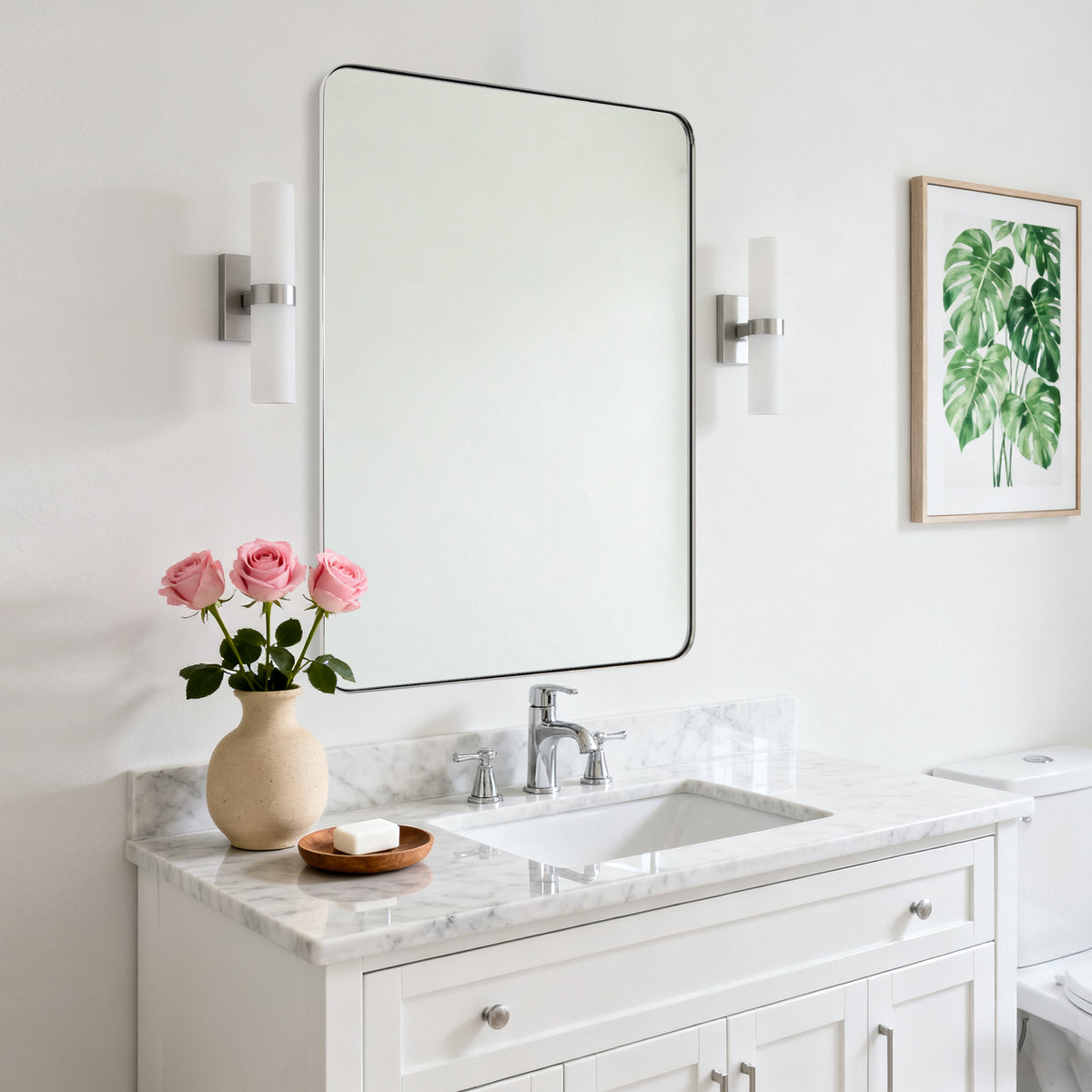 Modern Rounded Rectangle Mirror for Bathroom/ Vanity/ Wall | Stainless Steel Frame
