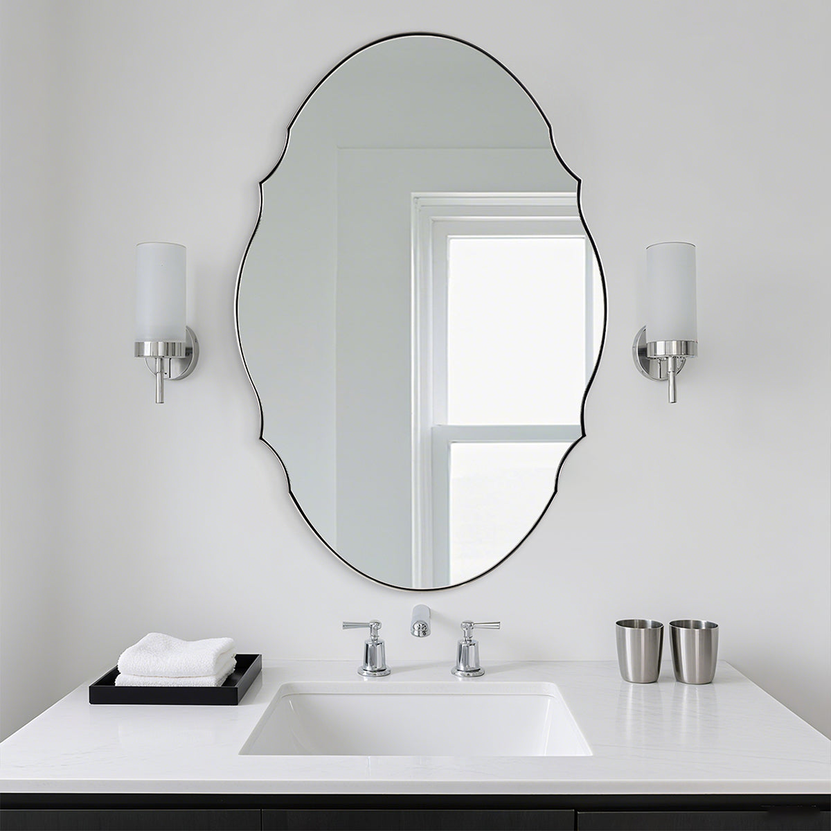 Contemporary Oval Scalloped Wall Mirror Irregular Bathroom Vanity Mirror| Stainless Steel Frame
