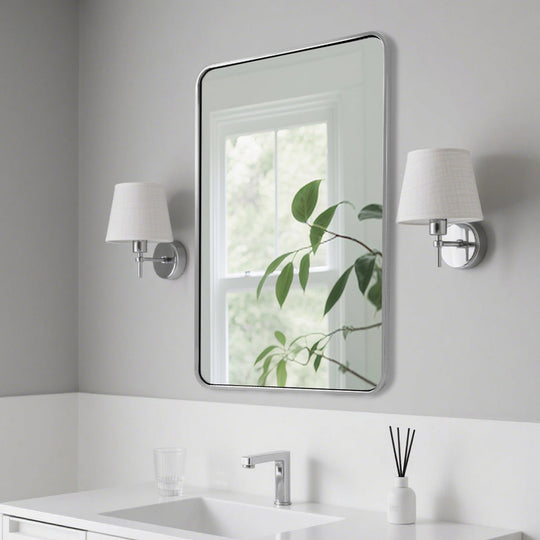 Modern Bold Stainless Steel Framed Rounded Rectangular Bathroom Wall Mirror