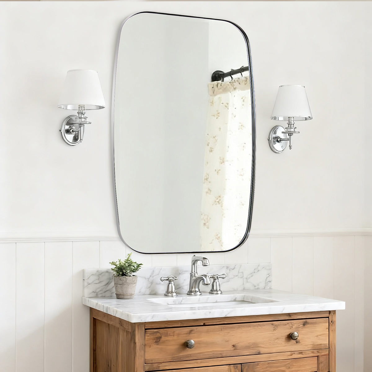 Modern Oblong Bathroom Mirror Long Oval Mirror | Stainless Steel Frame