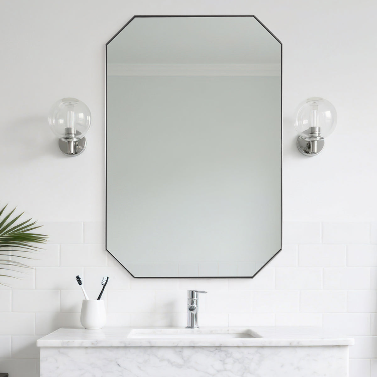 Contemporary Cut Corner Octagonal Scalloped Rectangle Mirror for Bathroom  |Stainless Steel Frame