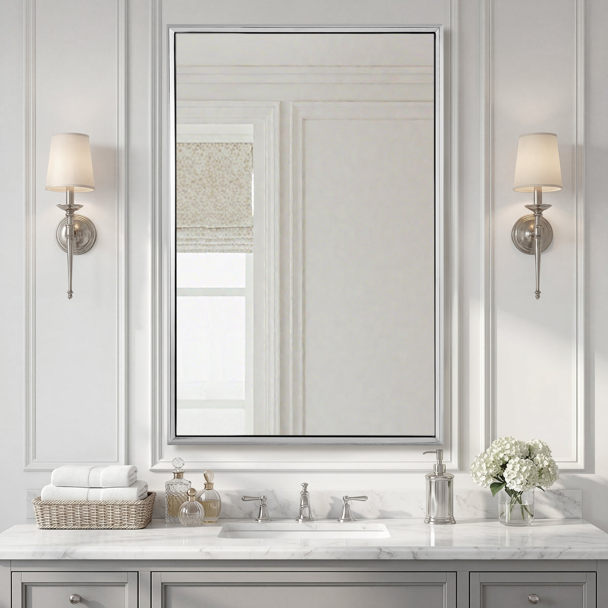Luxury Beveled Stainless Steel Framed  Rectangular Bathroom Vanity Mirror