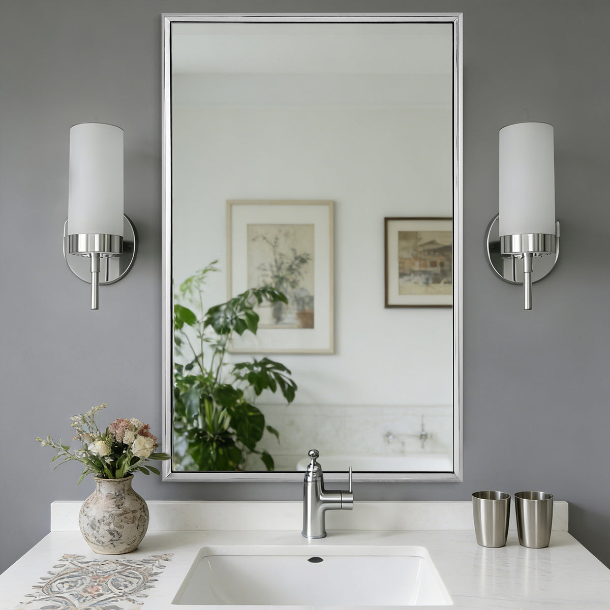 Luxury Beveled Stainless Steel Framed  Rectangular Bathroom Vanity Mirror