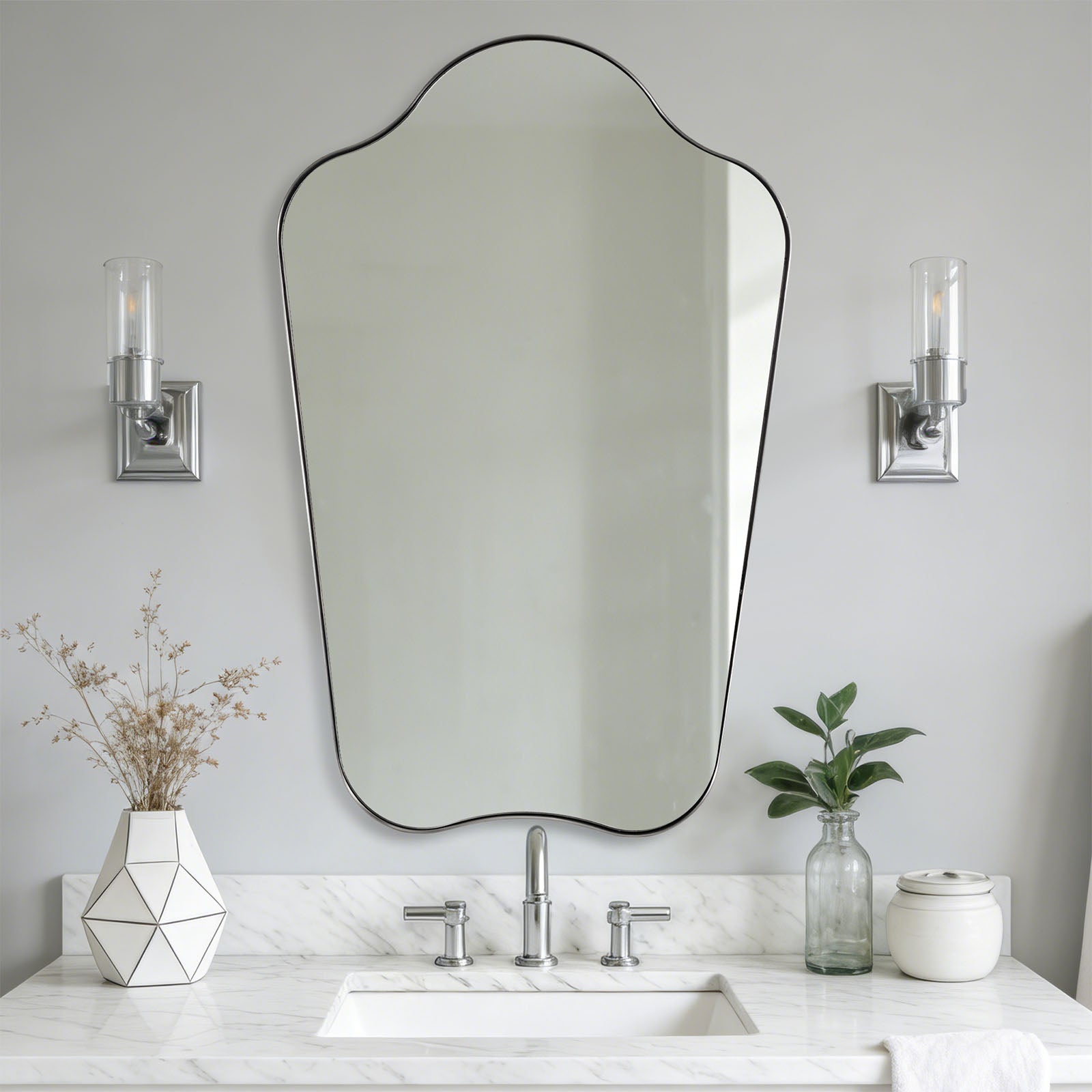 Contemporary Dual Arch Wall Mirror Irregular Scalloped Bathroom Mirror | Stainless Steel Frame