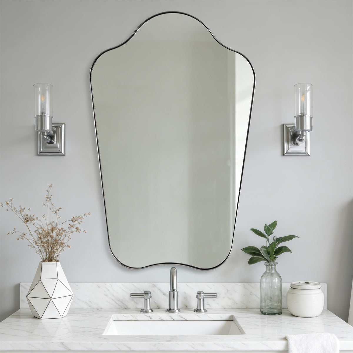 Contemporary Curved Top Arch Scalloped Bathroom Wall Mirror | Stainless Steel Frame