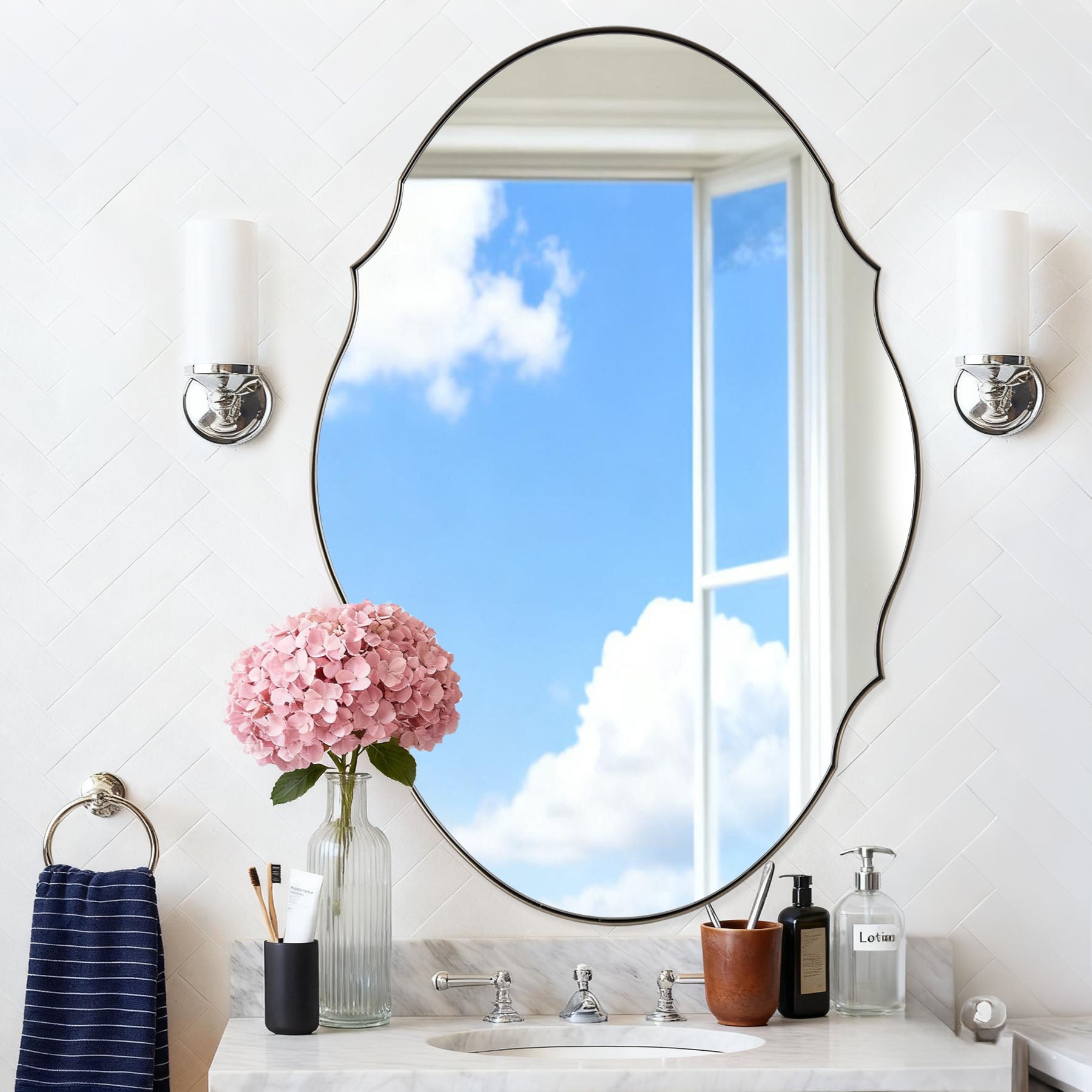 Contemporary Oval Scalloped Wall Mirror Irregular Bathroom Vanity Mirror| Stainless Steel Frame