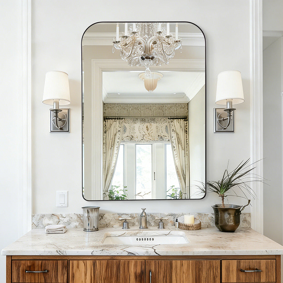 Modern Mantel Wide Arch Rectangle Bathroom Vanity  Mirror | Stainless Steel Frame