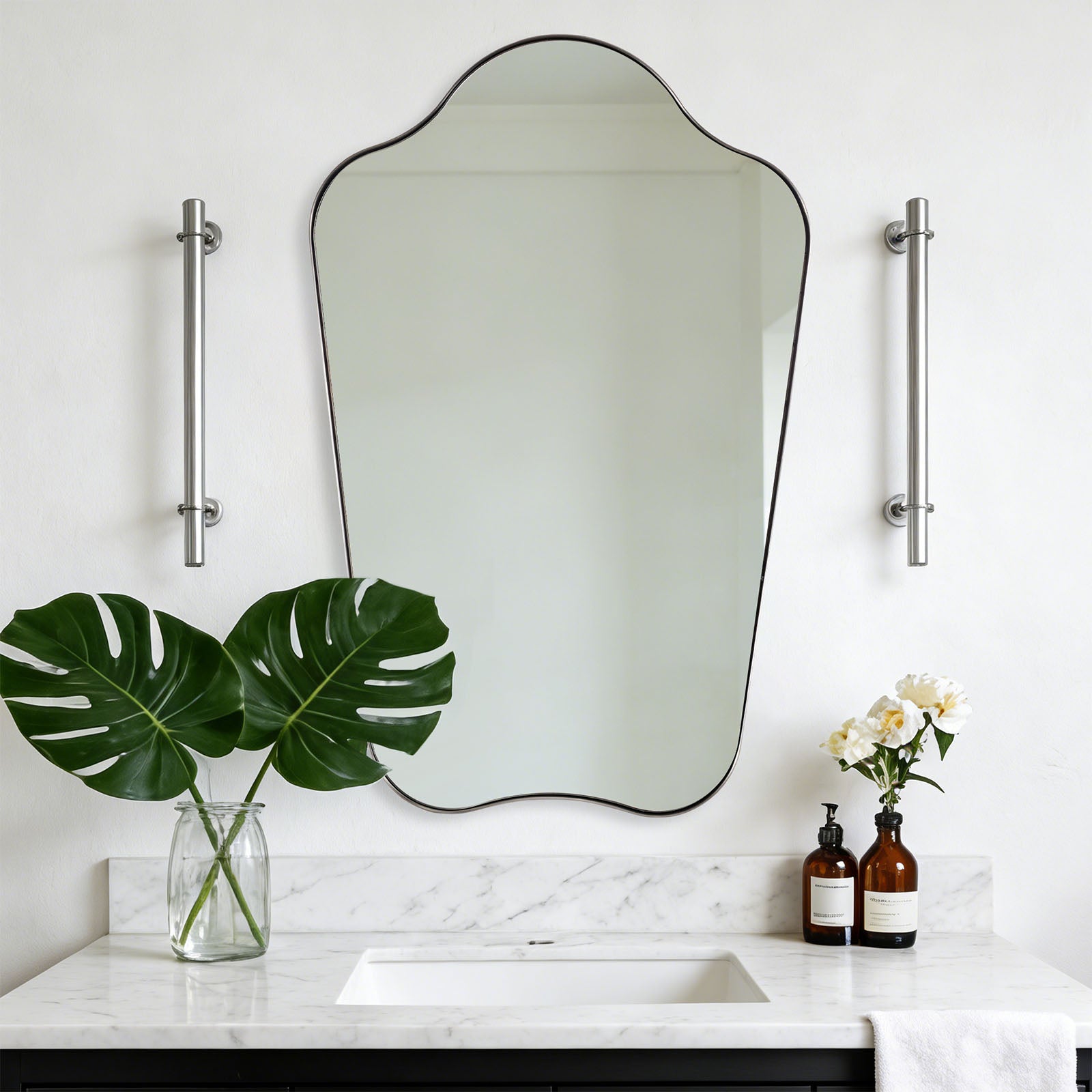 Contemporary Dual Arch Wall Mirror Irregular Scalloped Bathroom Mirror | Stainless Steel Frame