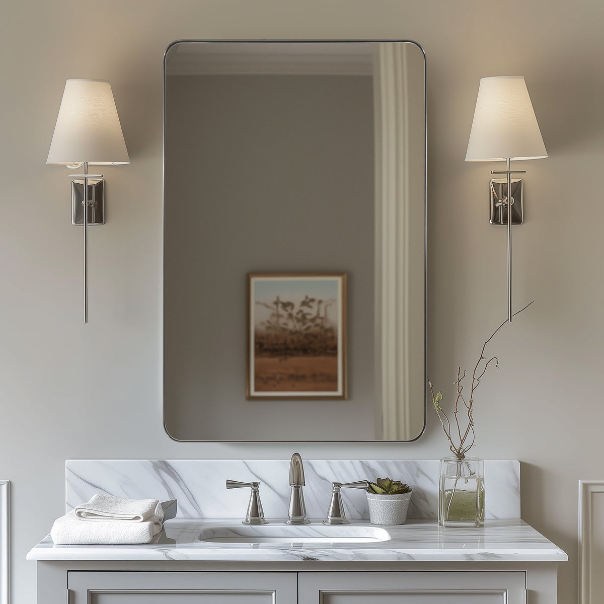 Open Box Like New : Modern Rounded Rectangle Mirror for Bathroom/ Vanity/ Wall | Stainless Steel Frame
