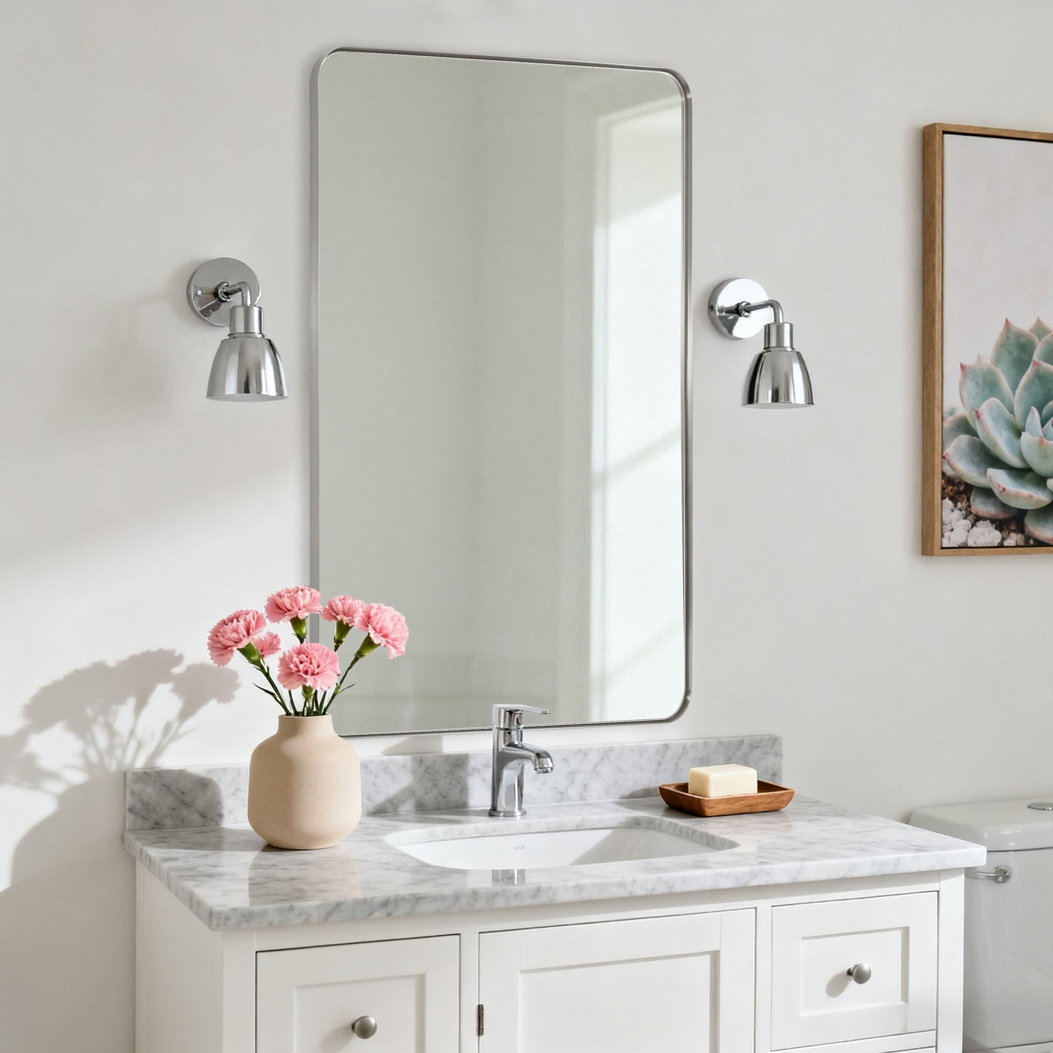 Open Box Like New : Modern Rounded Rectangle Mirror for Bathroom/ Vanity/ Wall | Stainless Steel Frame
