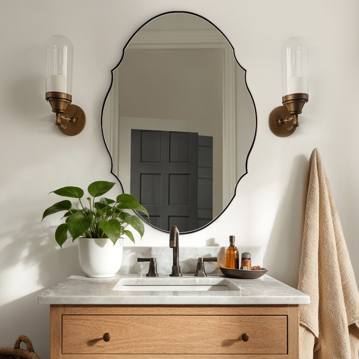 Contemporary Oval Scalloped Wall Mirror Irregular Bathroom Vanity Mirror| Stainless Steel Frame