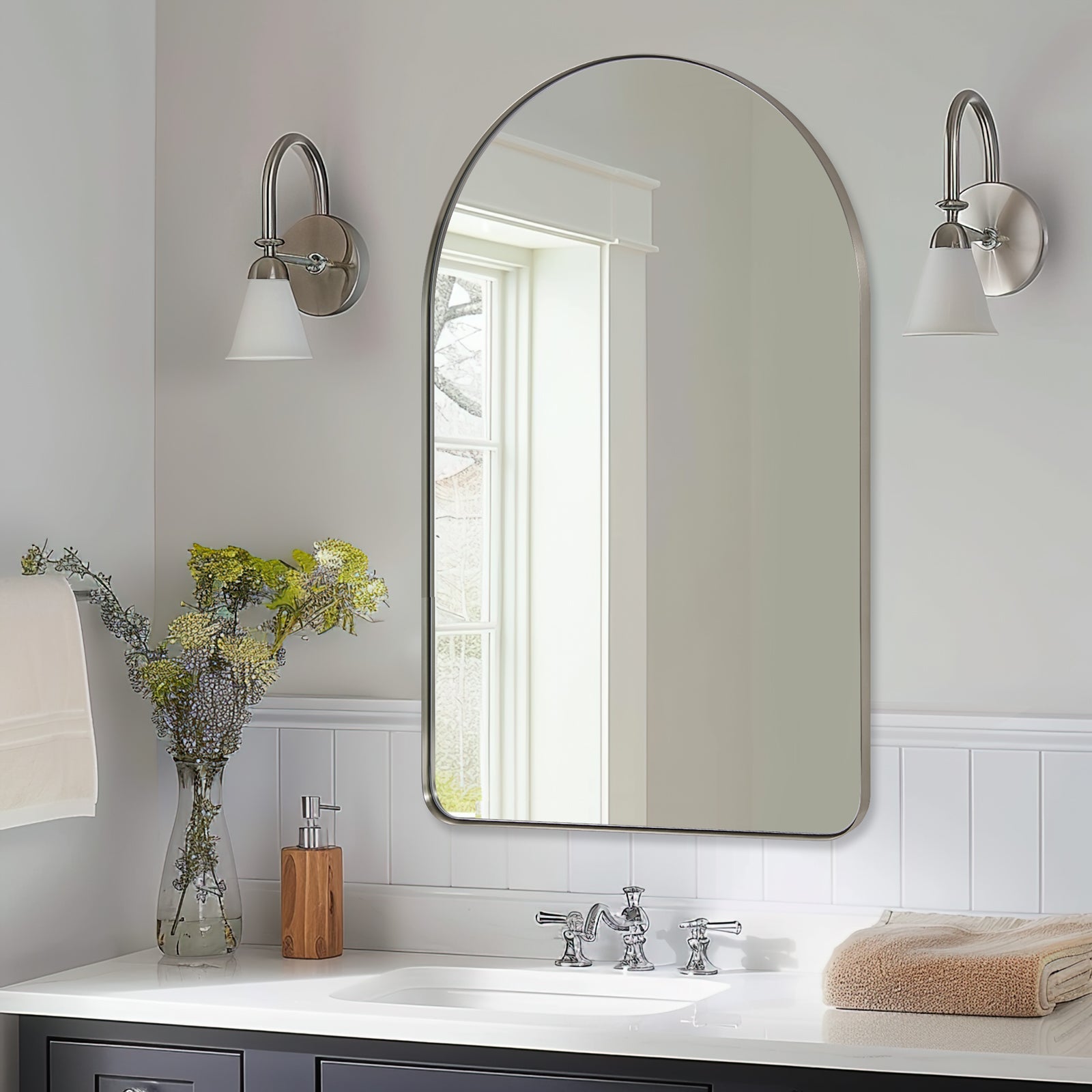 Contemporary Arched Bathroom Vanity Mirror Stainless Steel Frame Arch Top Wall Mirrors