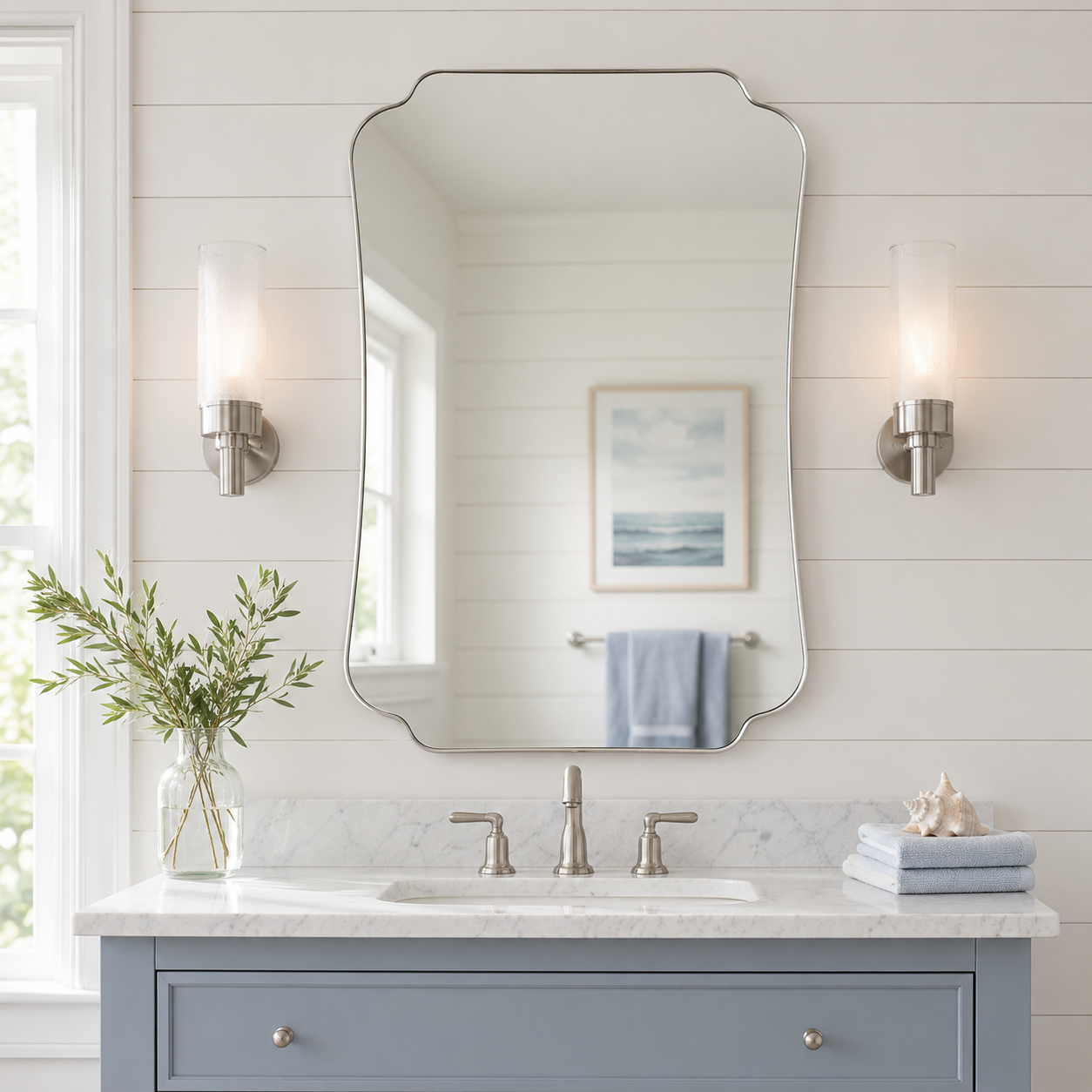 Contemporary Cut Corner Concave Edge Scalloped Bathroom Mirror | Stainless Steel Frame