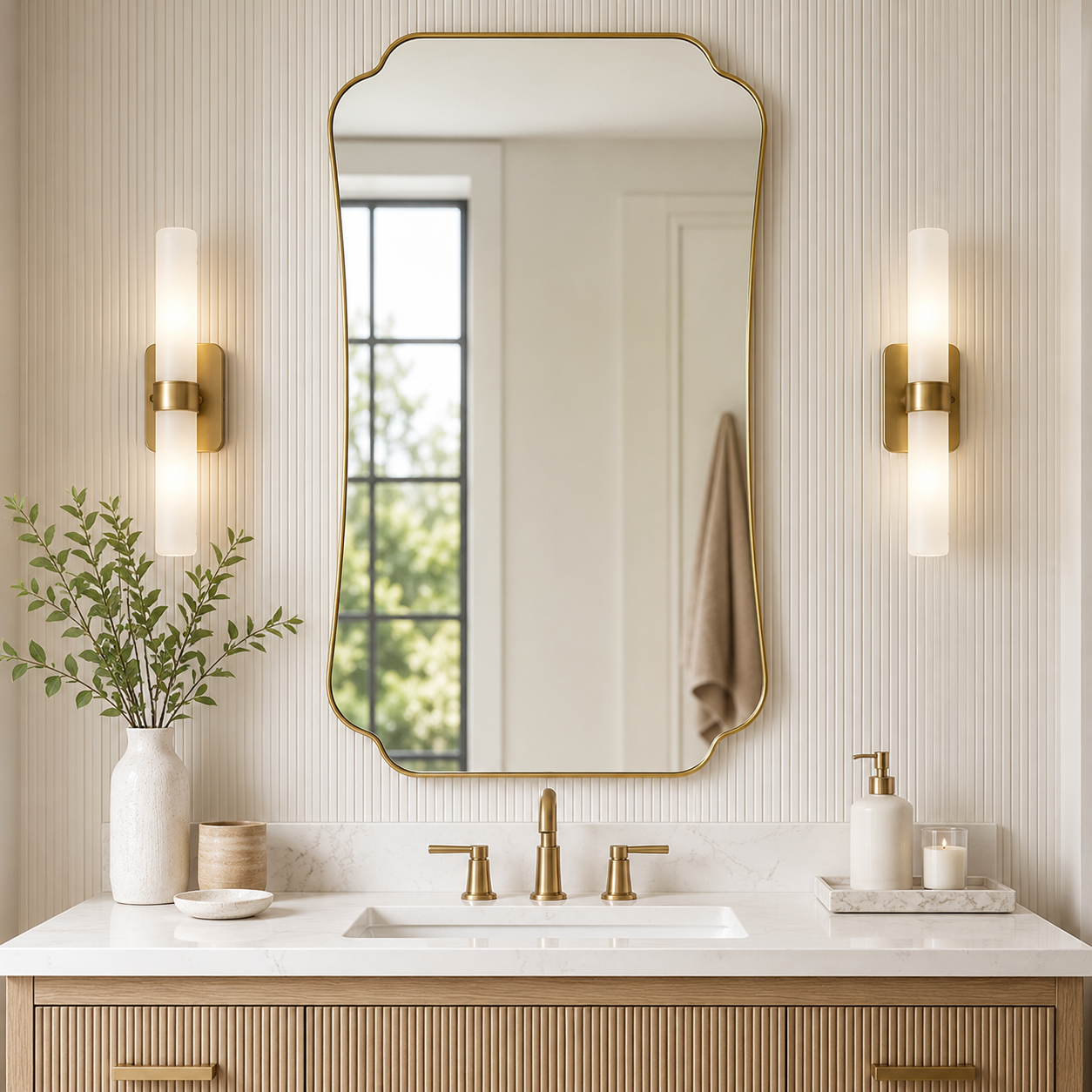 Contemporary Cut Corner Concave Edge Scalloped Bathroom Mirror | Stainless Steel Frame