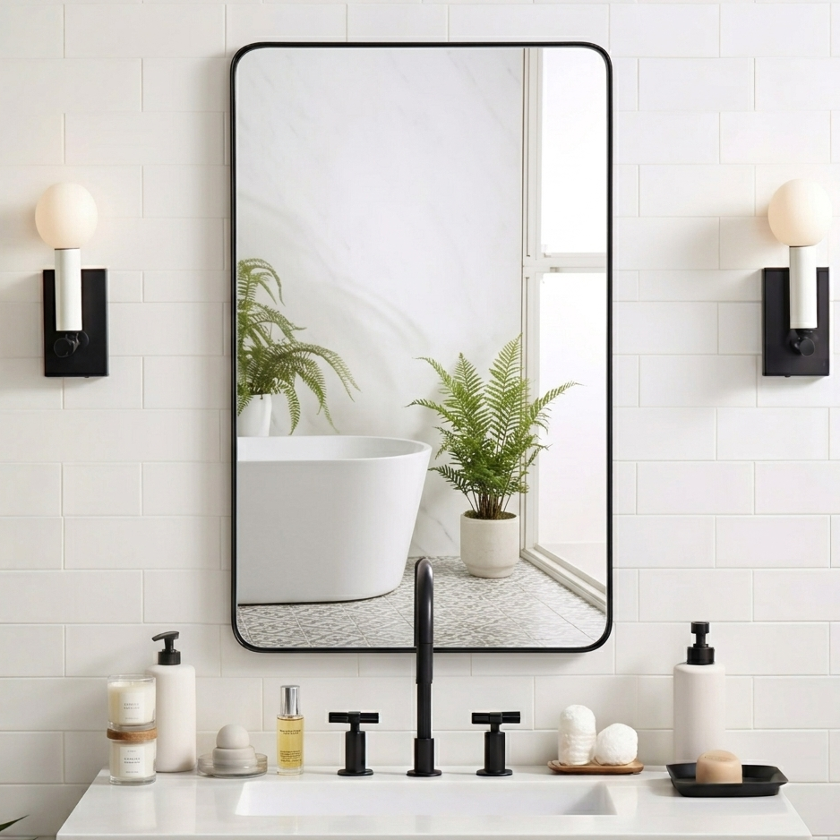 Modern Rounded Rectangle Mirror for Bathroom/ Vanity/ Wall | Stainless Steel Frame