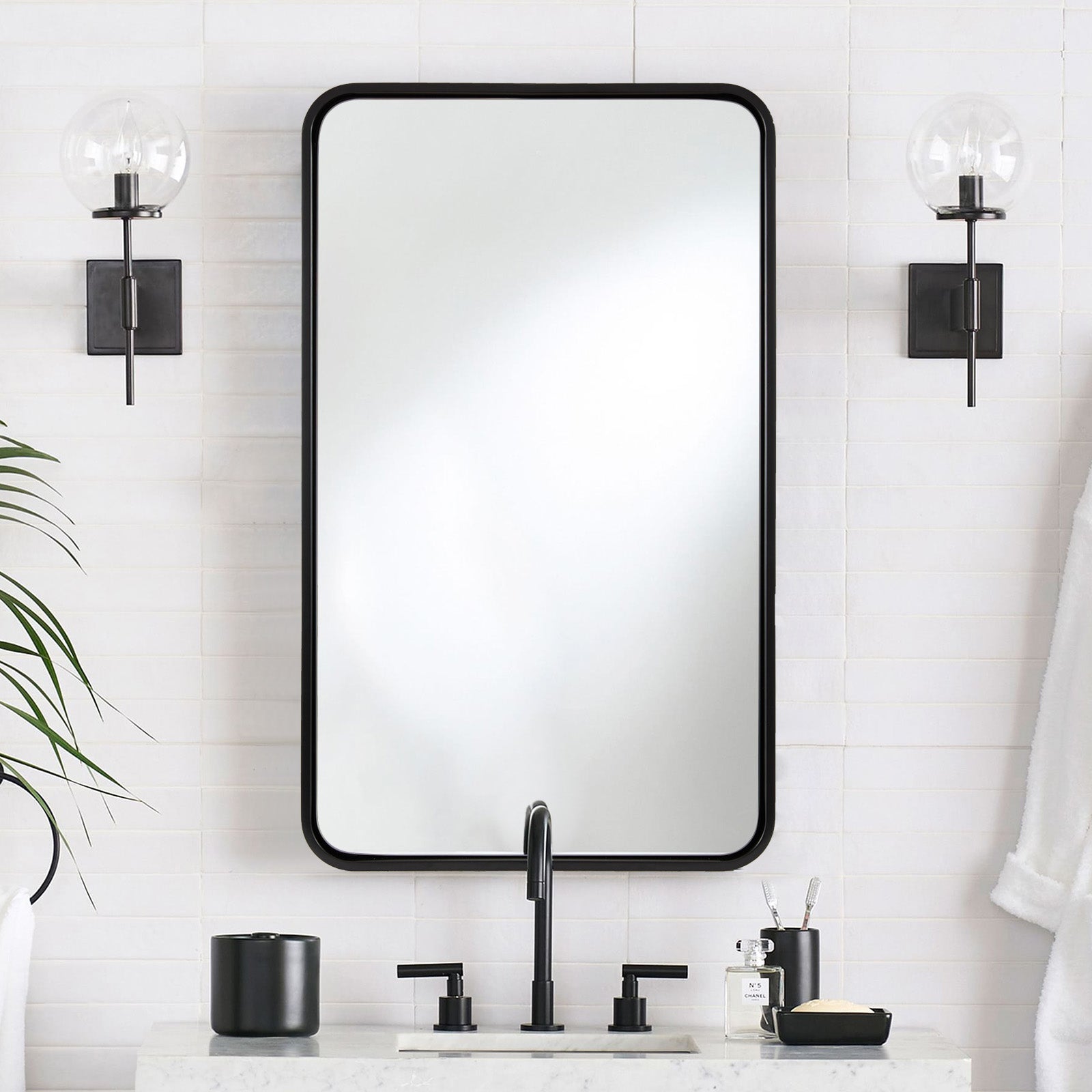 Modern Bold Metal Framed Rounded Rectangular Bathroom Vanity Mirrors