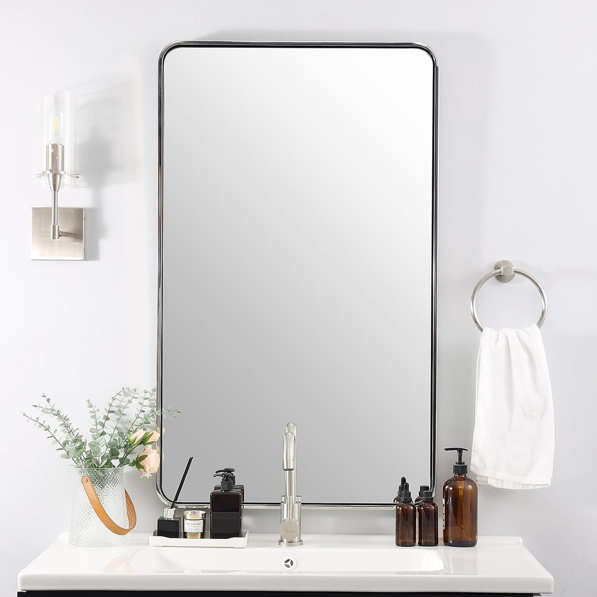 Modern Bold Framed Rectangle Wall Mirrors for Bathroom Wall| Stainless Steel Framed