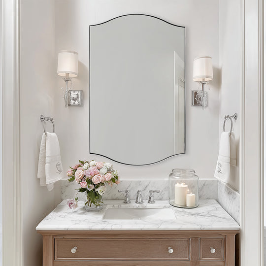 Dual Curve Arch Rectangular Scalloped  Bathroom Wall Mirror |Stainless Steel Framed