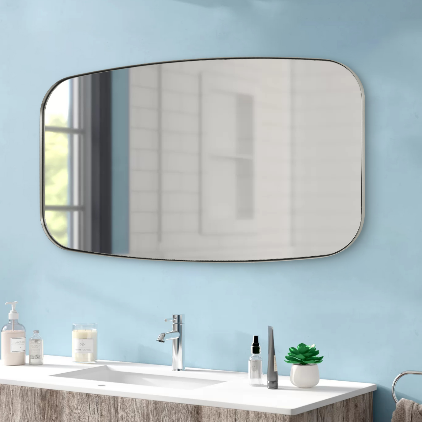 Modern Oblong Bathroom Mirror Long Oval Mirror with Stainless Steel Frame