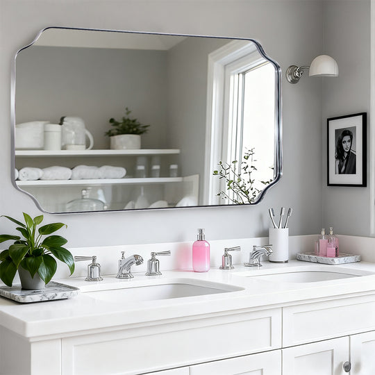 Contemporary Rounded Notched Corner Irregular Scalloped Mirror for Wall /Bathroom | Stainless Steel Frame