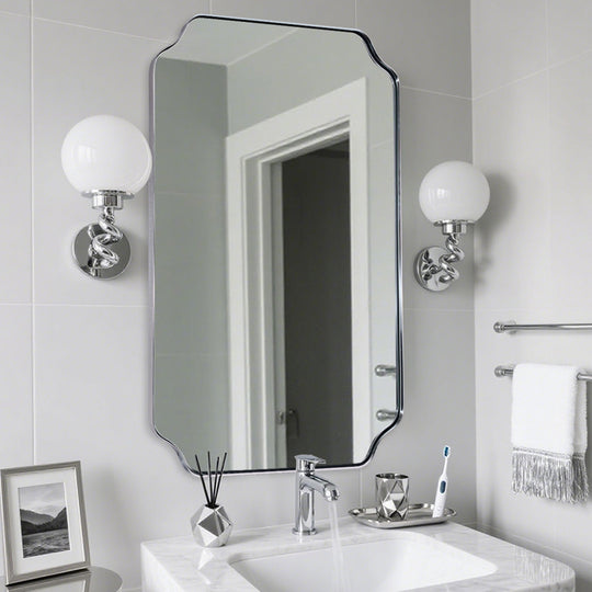 Contemporary Rounded Notched Corner Irregular Scalloped Mirror for Wall /Bathroom | Stainless Steel Frame