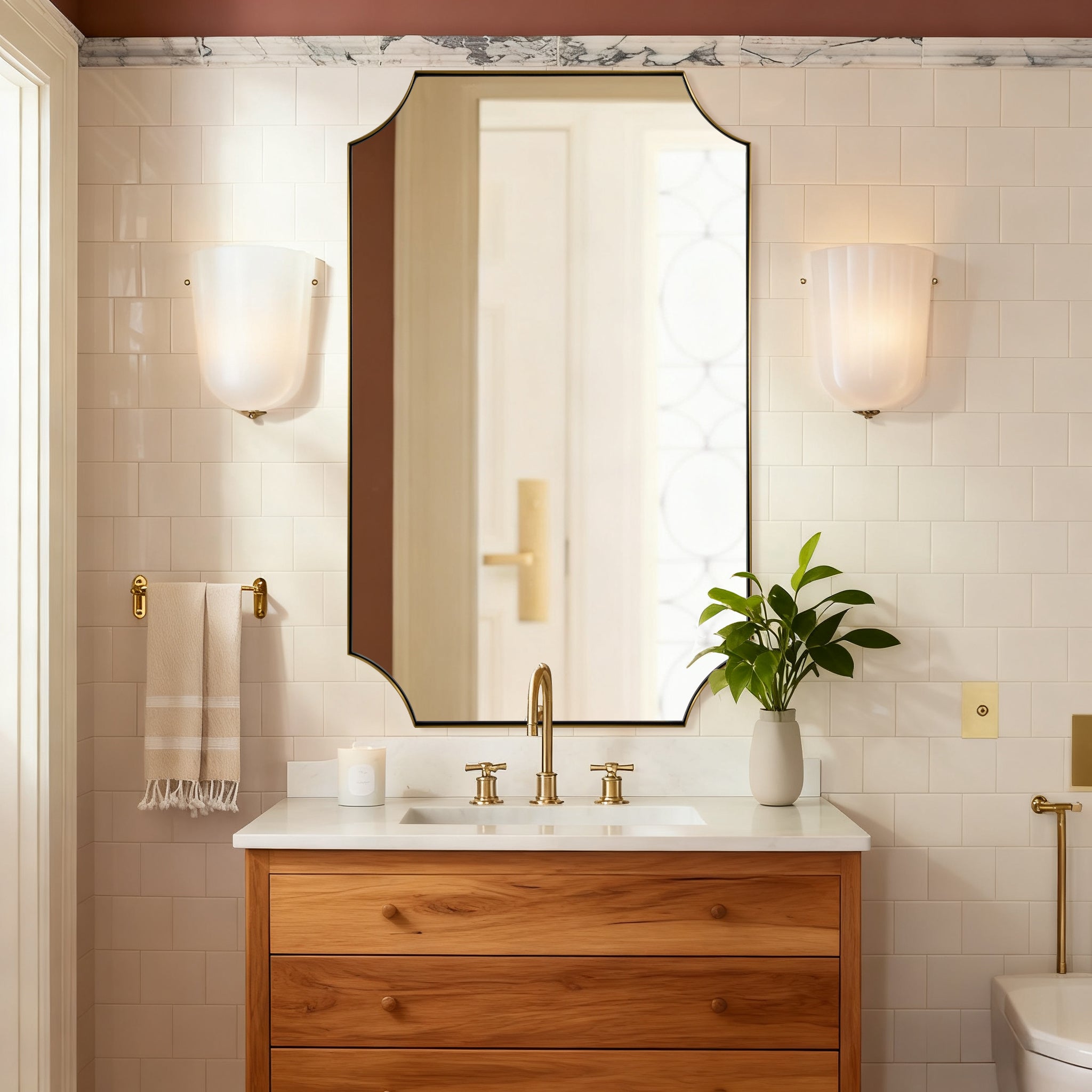 Contemporary Notched Corner Scalloped  Rectangle Bathroom Vanity Mirror | Stainless Steel Frame