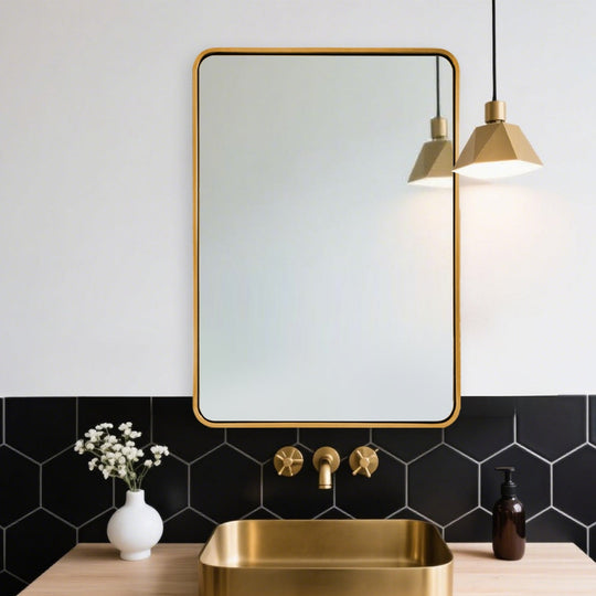 Modern Bold Stainless Steel Framed Rounded Rectangular Bathroom Wall Mirror