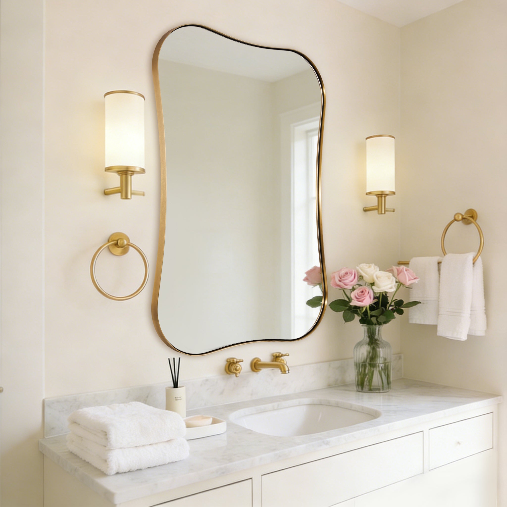 Contemporary Dual  Concave Edge Rouded Scalloped Rectangle Wall Mirror | Stainless Steel Frame