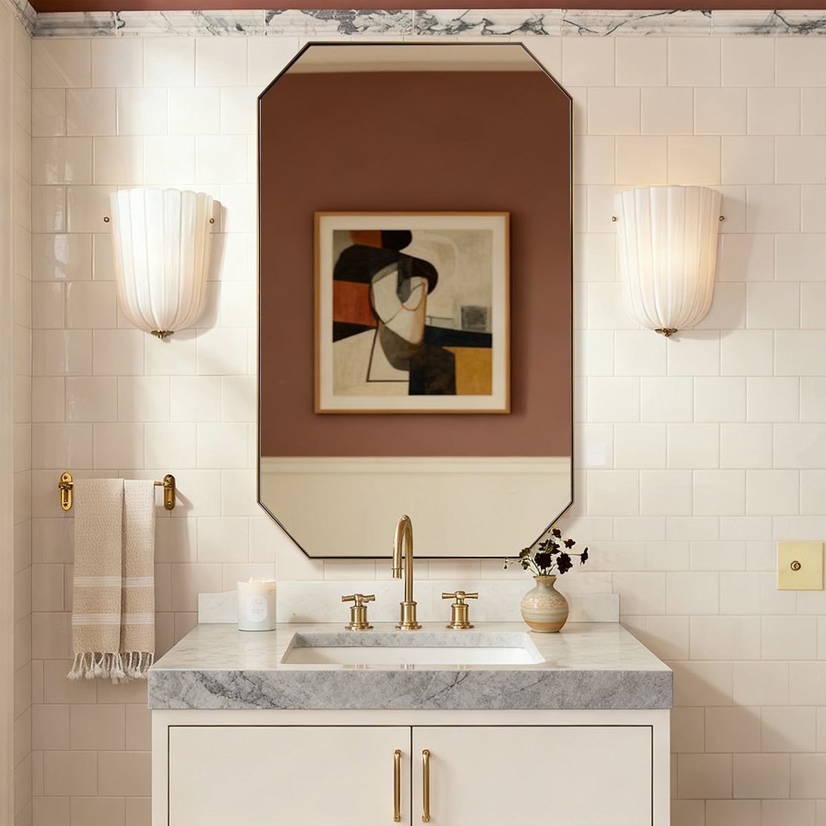 Contemporary Cut Corner Octagonal Scalloped Rectangle Mirror for Bathroom  |Stainless Steel Frame