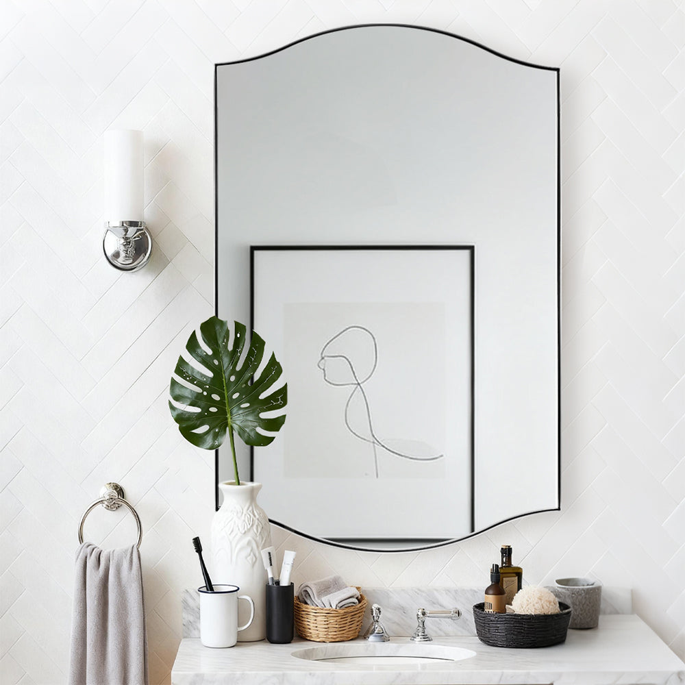 Dual Curve Arch Rectangular Scalloped  Bathroom Wall Mirror |Stainless Steel Framed