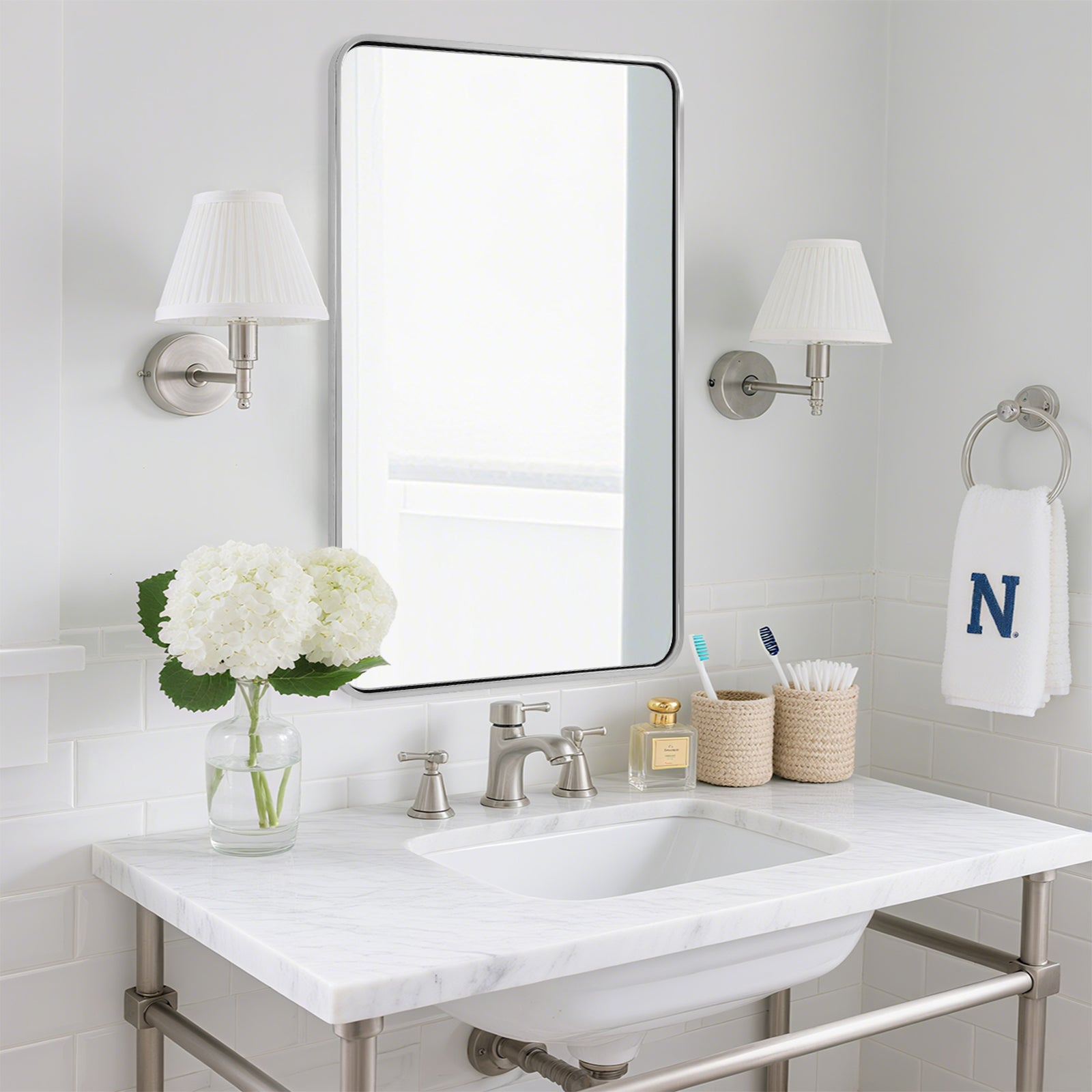 Modern Bold Stainless Steel Framed Rounded Rectangular Bathroom Wall Mirror