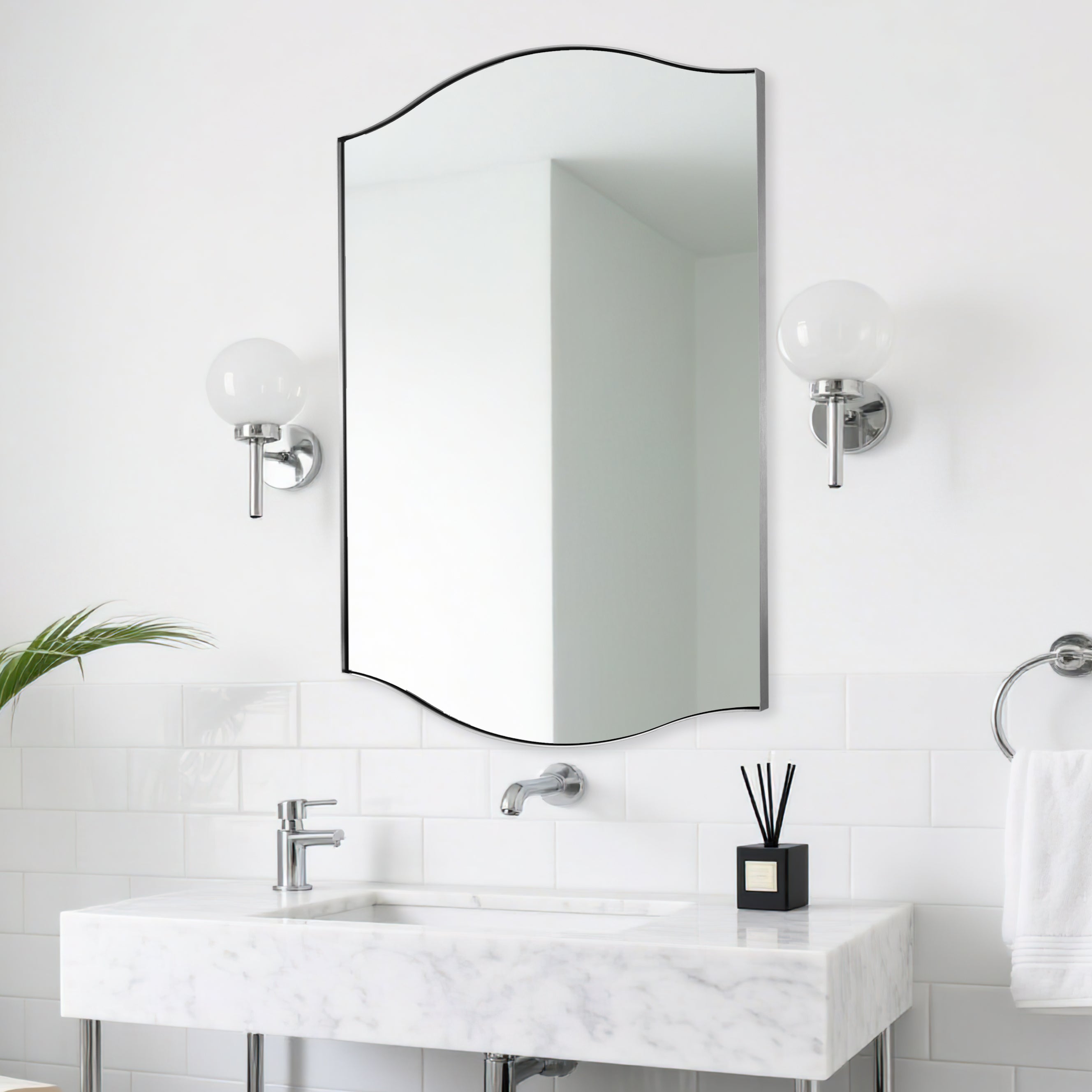 Dual Curve Arch Rectangular Scalloped  Bathroom Wall Mirror |Stainless Steel Framed