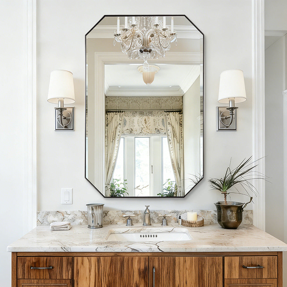 Contemporary Cut Corner Octagonal Scalloped Rectangle Mirror for Bathroom  |Stainless Steel Frame