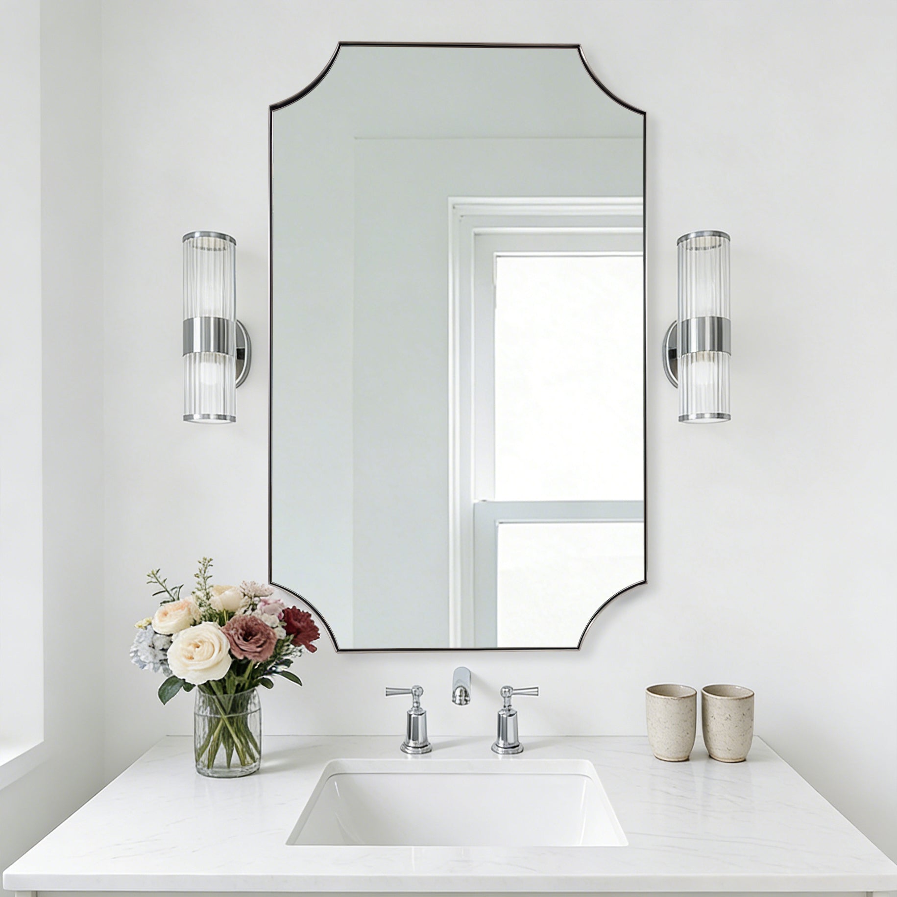 Contemporary Notched Corner Scalloped  Rectangle Bathroom Vanity Mirror | Stainless Steel Frame