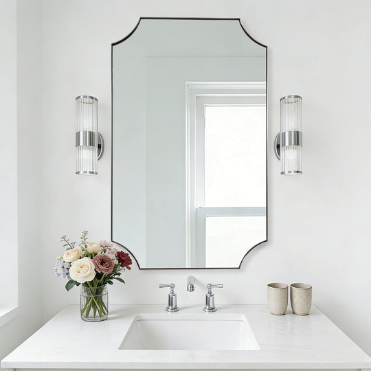 Contemporary Notched Corner Scalloped  Rectangle Bathroom Vanity Mirror | Stainless Steel Frame