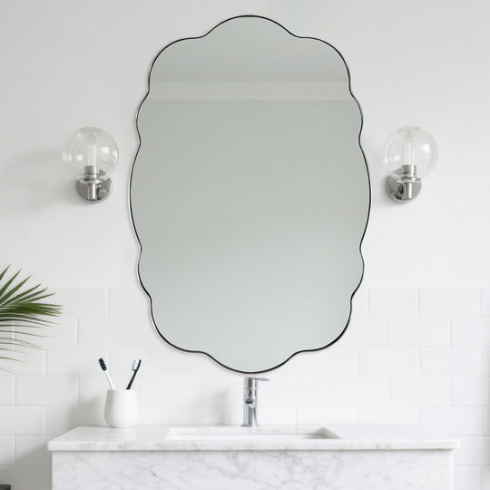Contemporary Wavy Oval Scalloped Bathroom Vanity Mirror  Irregular Organic Mirror| Stainless Steel Framed