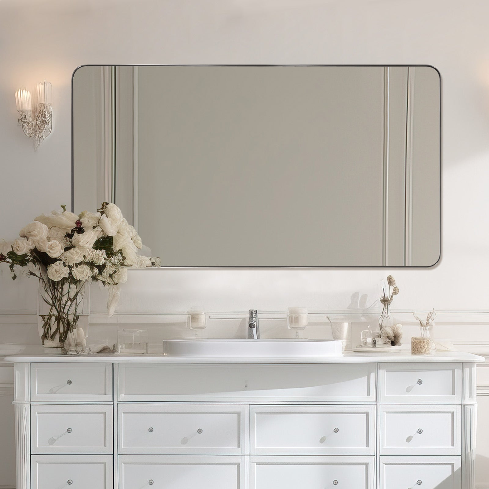 Modern Rounded Rectangle Mirror for Bathroom/ Vanity/ Wall | Stainless Steel Frame