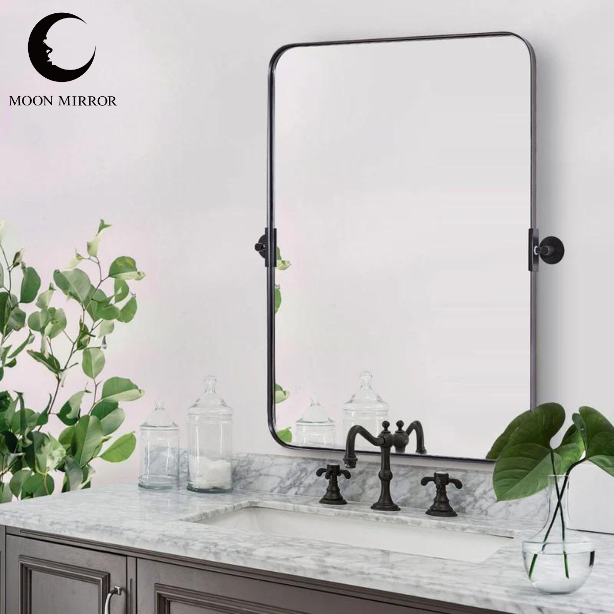 MOON MIRROR Matte Black Pivot Tilt Rectangle Bathroom/ Vanity Mirrors | Stainless Steel Frame