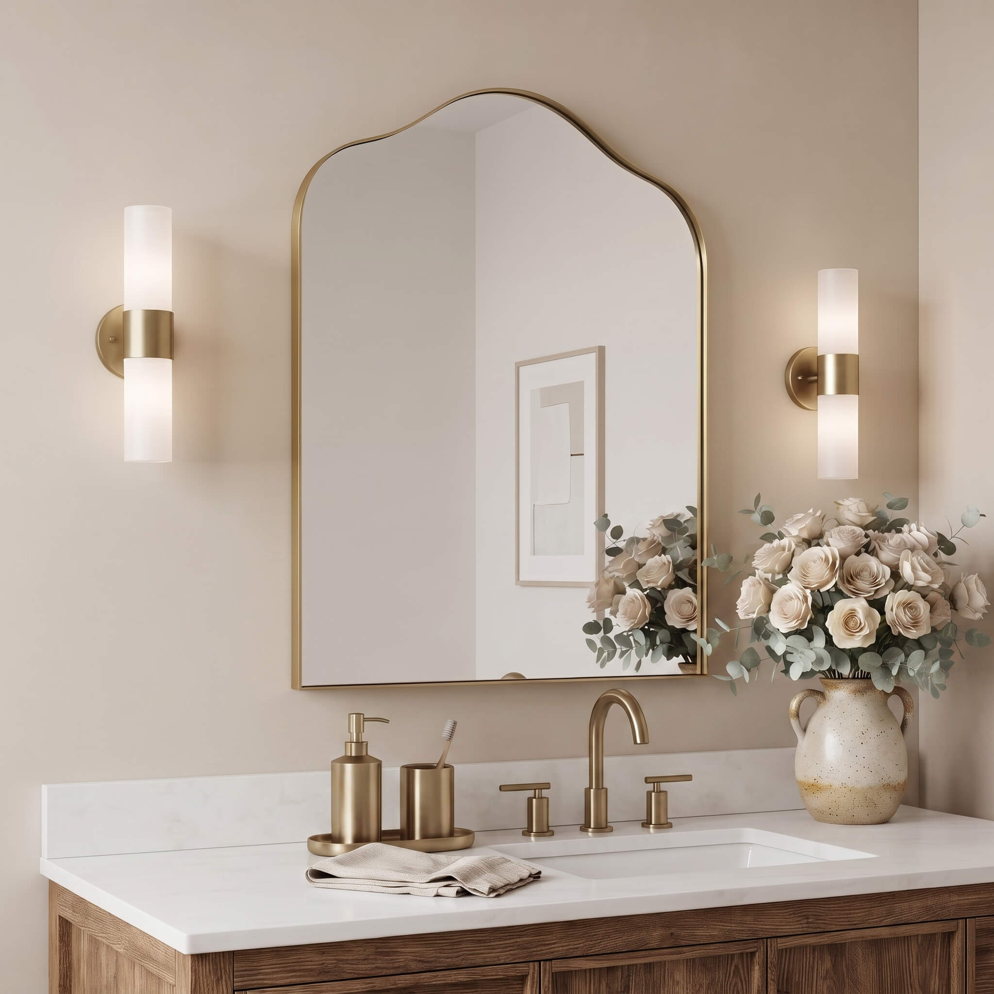 Contemporary Arched Scalloped Bathroom Vanity Mirror | Stainless Steel Frame