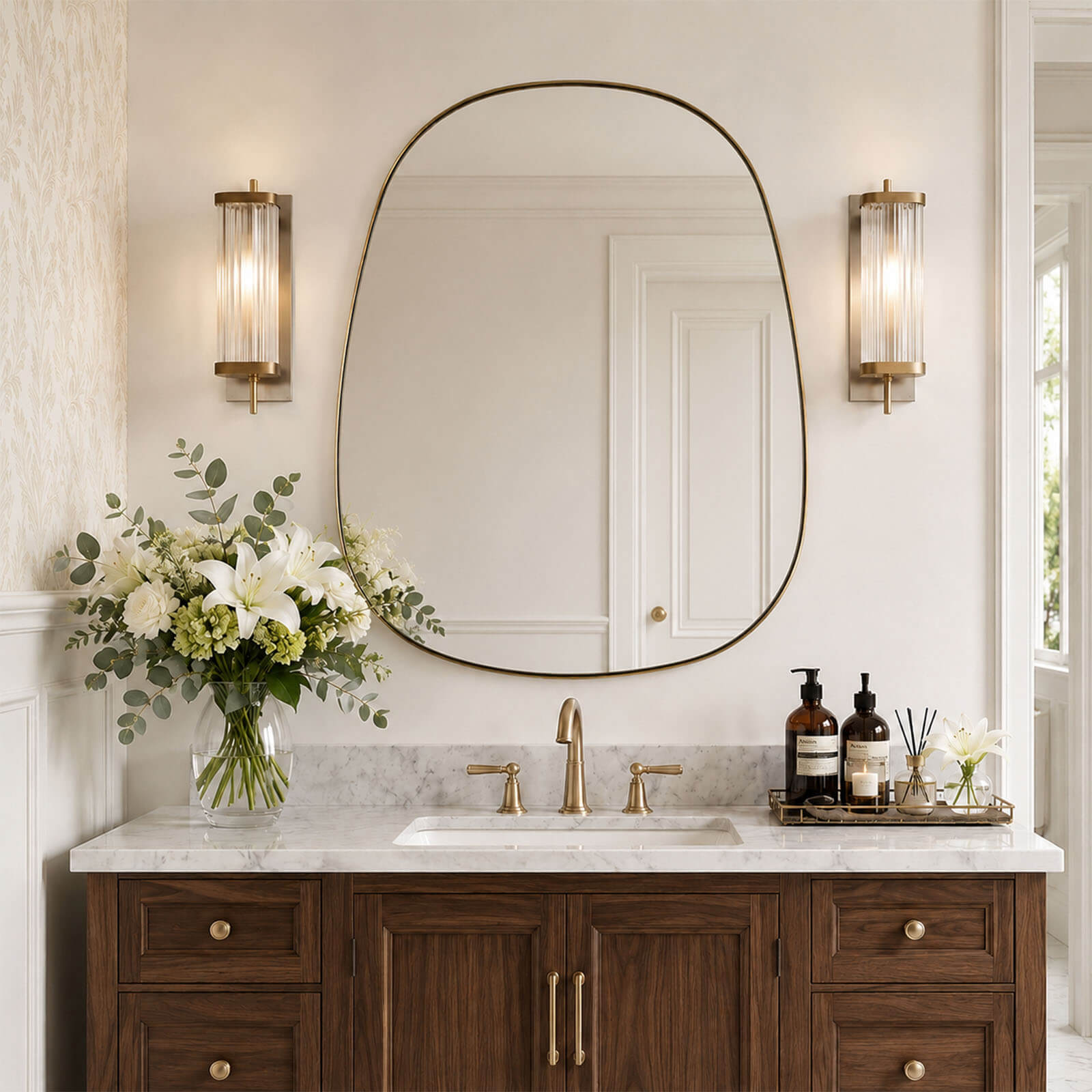 Contemporary Irregular Organic  Bathroom Wall Mirror Asymmetric Decorative Mirror | Stainless Steel Frame