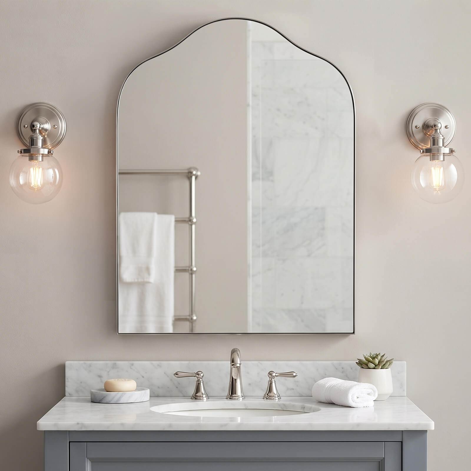 Contemporary Arched Scalloped Bathroom Vanity Mirror | Stainless Steel Frame