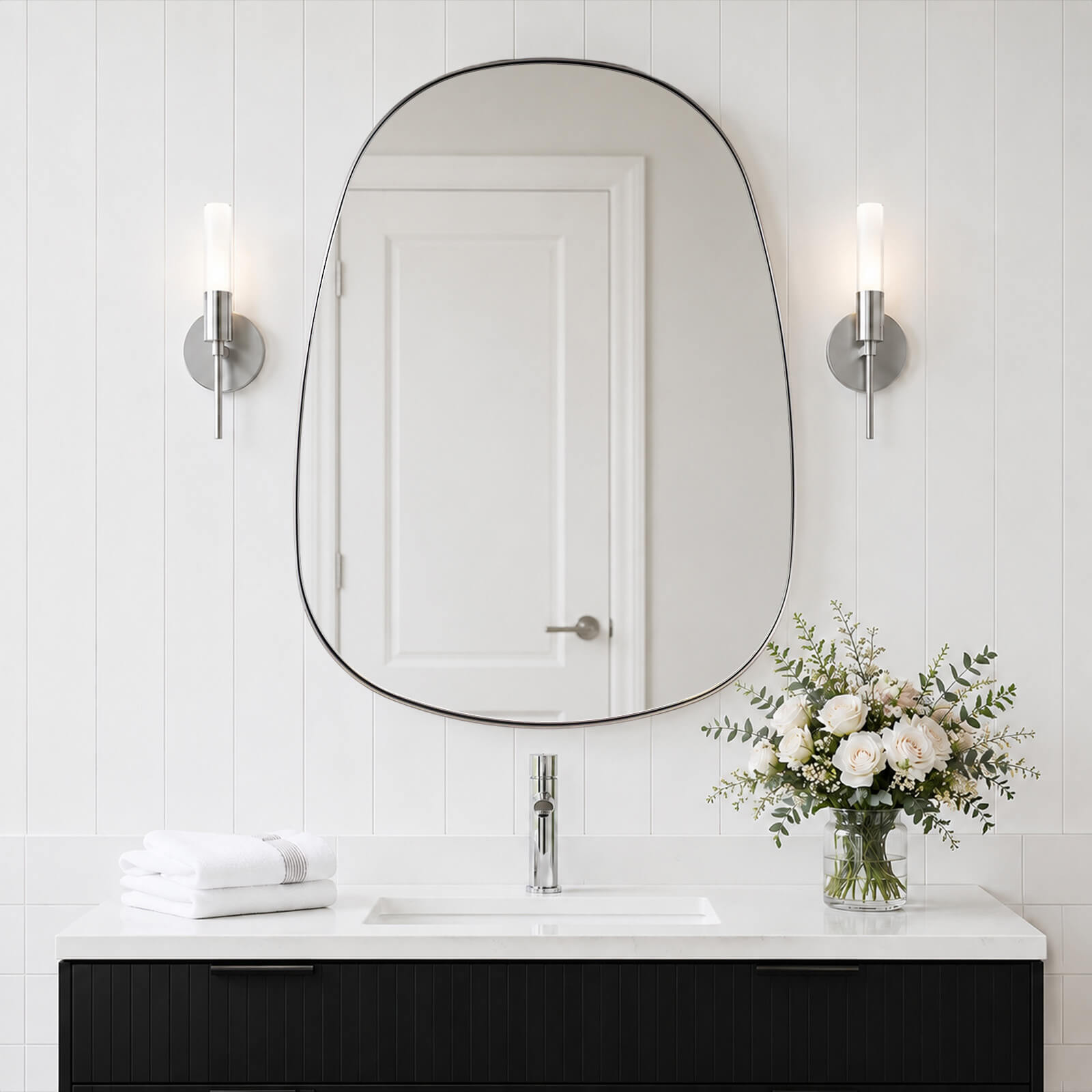 Contemporary Irregular Organic  Bathroom Wall Mirror Asymmetric Decorative Mirror | Stainless Steel Frame