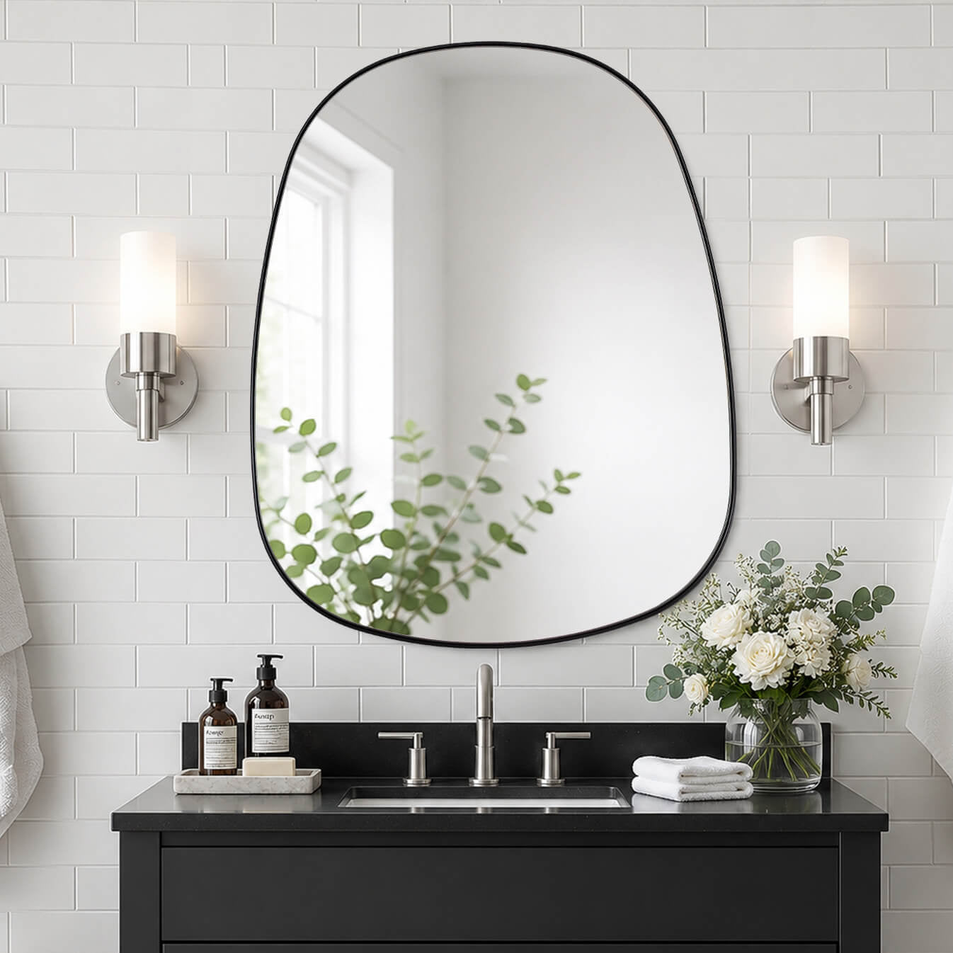 Contemporary Irregular Pebble Organic  Bathroom Wall Mirror Asymmetric Decorative Mirror | Stainless Steel Frame