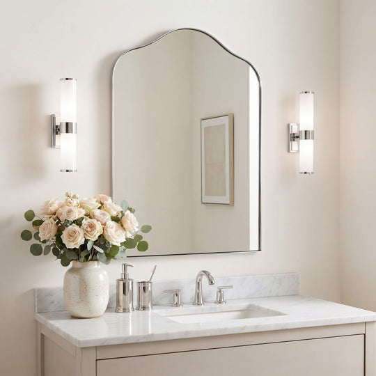Contemporary Arched Scalloped Bathroom Vanity Mirror | Stainless Steel Frame