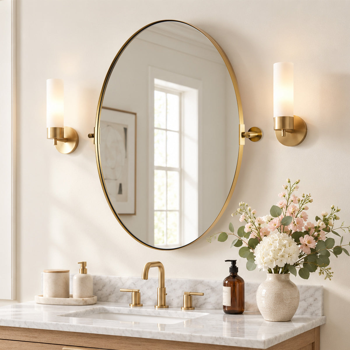 Oval Pivot Mirrors Adjustable Tilting Angle Floating  Bathroom Mirror| Stainless Steel Framed