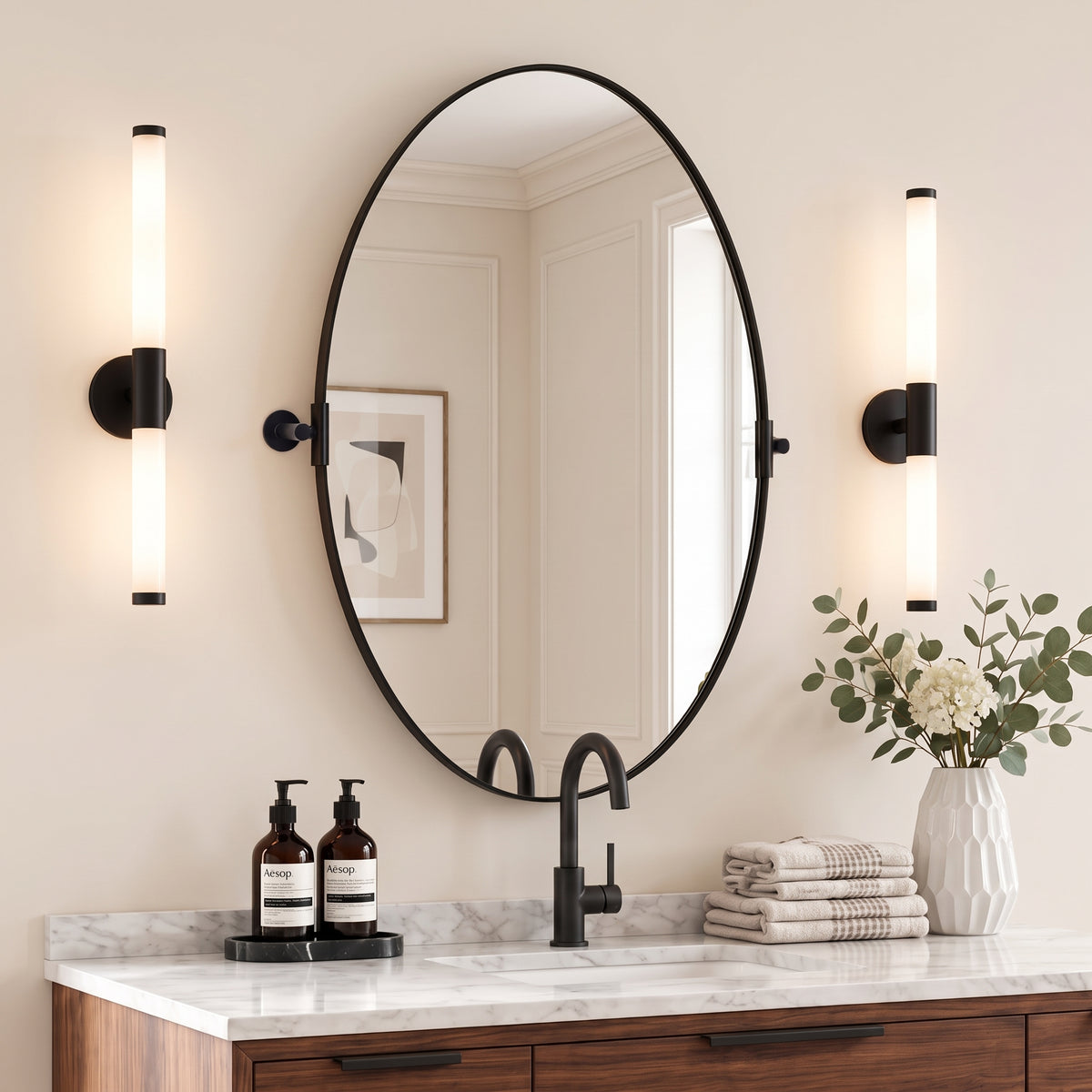 Oval Pivot Mirrors Adjustable Tilting Angle Floating  Bathroom Mirror| Stainless Steel Framed