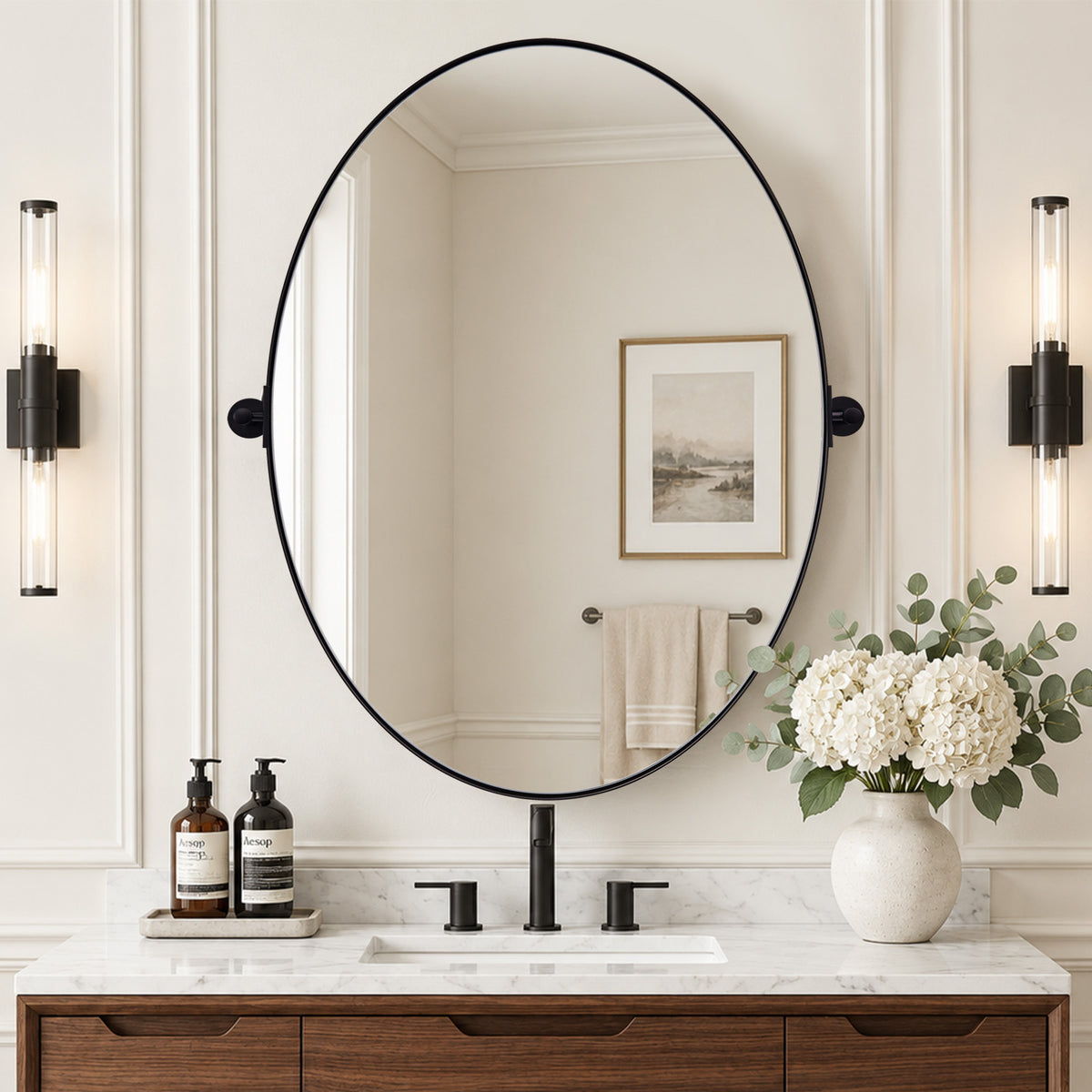 Oval Pivot Mirrors Adjustable Tilting Angle Floating  Bathroom Mirror| Stainless Steel Framed